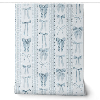 Dusty Blue Bows and Lace with Vertical Stripes Wallpaper