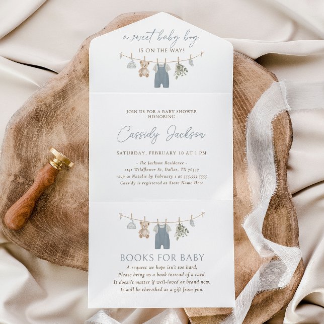 Dusty Blue Boy Baby Clothes Baby Shower All In One Invitation (Creator Uploaded)