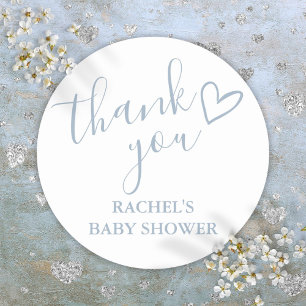 Dusty Blue Boy Baby Shower Script Heart Thank You Classic Round Sticker