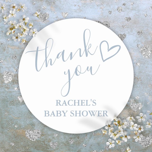 Dusty Blue Boy Baby Shower Script Heart Thank You Classic Round Sticker (Dusty Blue Boy Baby Shower Script Heart Thank You Classic Round Sticker)