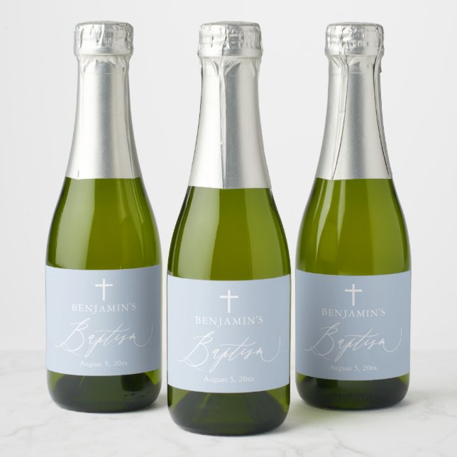 Dusty Blue Boy Baptism Mini Sparkling Wine Bottle  Sparkling Wine Label (Bottles)