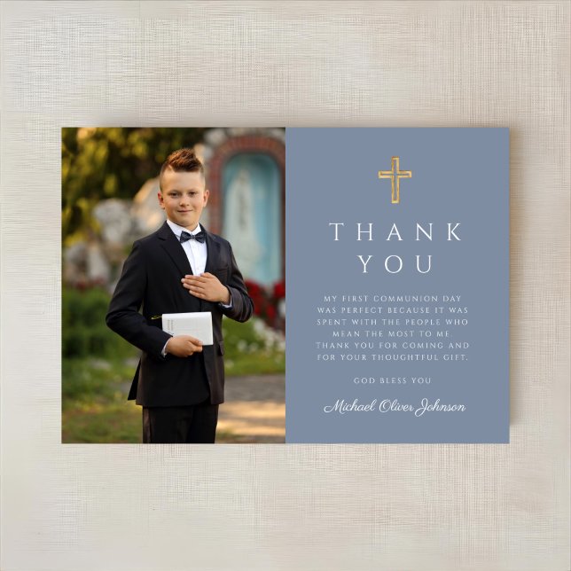Dusty Blue Boy First Communion Cross Photo Thank You Card (Dusty Blue Boy First Communion Cross Photo Thank You Card)