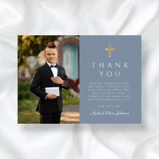 Dusty Blue Boy First Communion Cross Photo Thank You Card