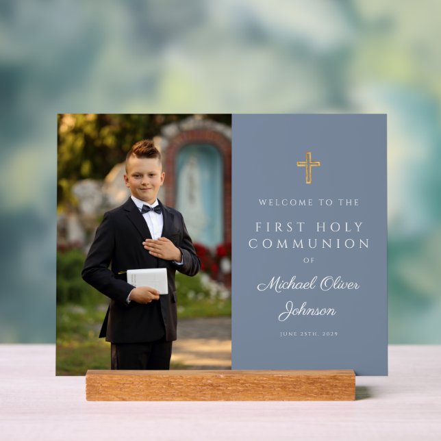 Dusty Blue Boy Photo First Communion Welcome Acrylic Sign (Neutral)