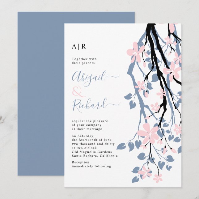 Dusty blue branch, blush flowers initials wedding invitation (Front/Back)