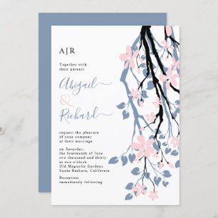 Dusty blue branch, blush flowers initials wedding invitation