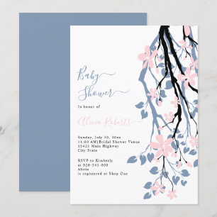 Dusty blue branch, pink flowers baby shower invitation