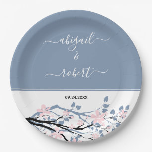 Dusty blue branch with blush flowers, wedding paper plate