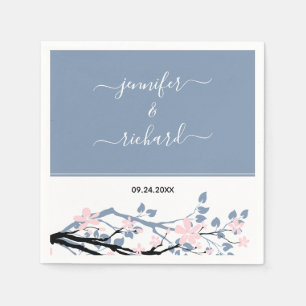 Dusty blue branch with blush pink flowers wedding napkin