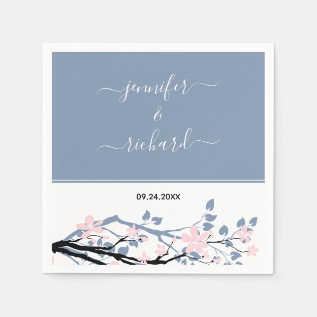 Dusty blue branch with blush pink flowers wedding napkin (Front)