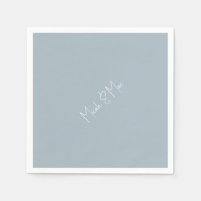 Dusty Blue Bridal Diagonal Names Cocktail Napkins (Front)