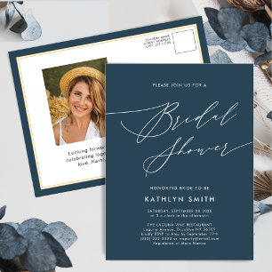 Dusty Blue Bridal Shower Elegant Script Minimalist Invitation Postcard