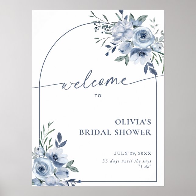 Dusty Blue Bridal Shower Floral Arch Poster (Front)