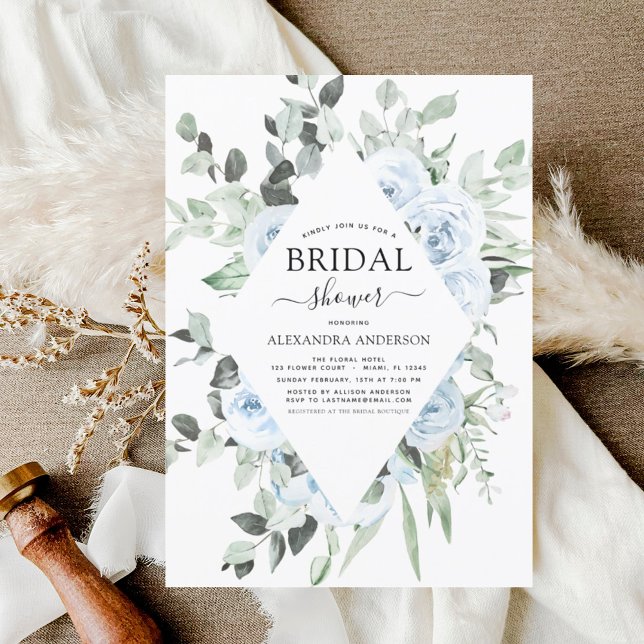 Dusty Blue Bridal Shower Floral Greenery Invitation (Creator Uploaded)