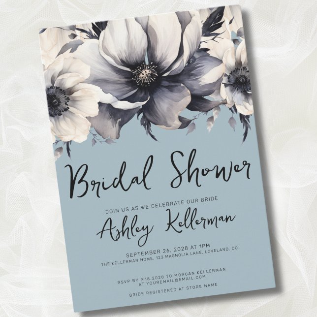 Dusty Blue Bridal Shower Invitation (Elegant Watercolor Floral Light Blue Bridal Shower Invitation)