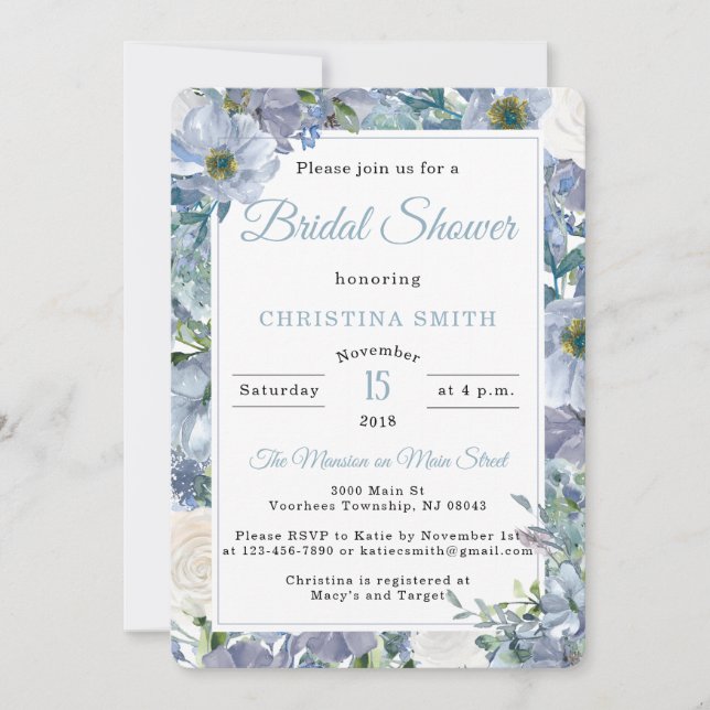 Dusty Blue Bridal Shower Invitations (Front)