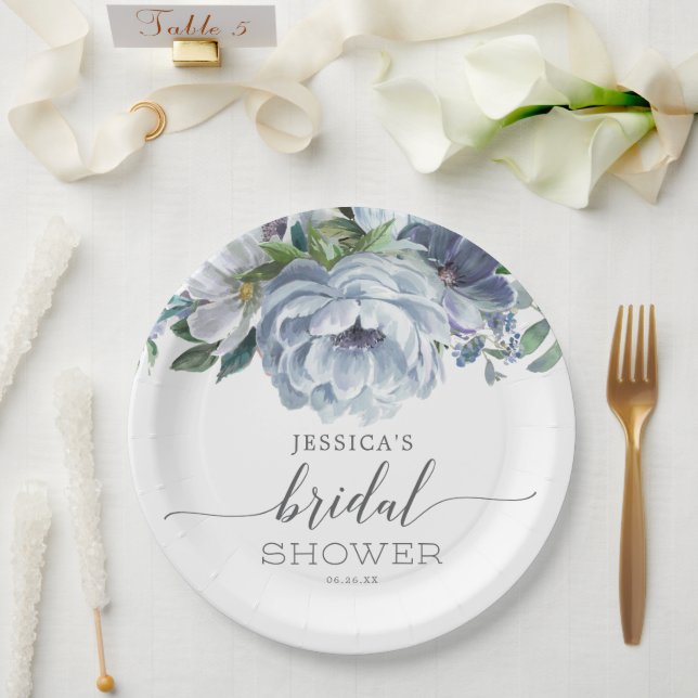Dusty Blue Bridal Shower Paper Plate (Wedding)