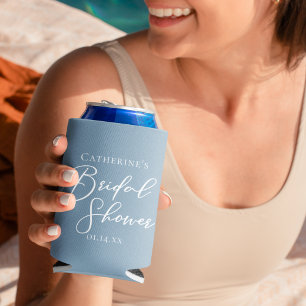 Dusty Blue Bridal Shower Personalised White Script Can Cooler
