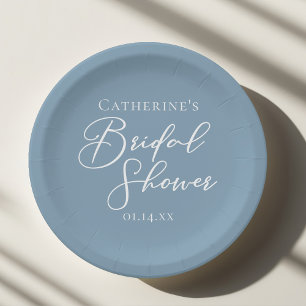 Dusty Blue Bridal Shower Personalised White Script Paper Plate