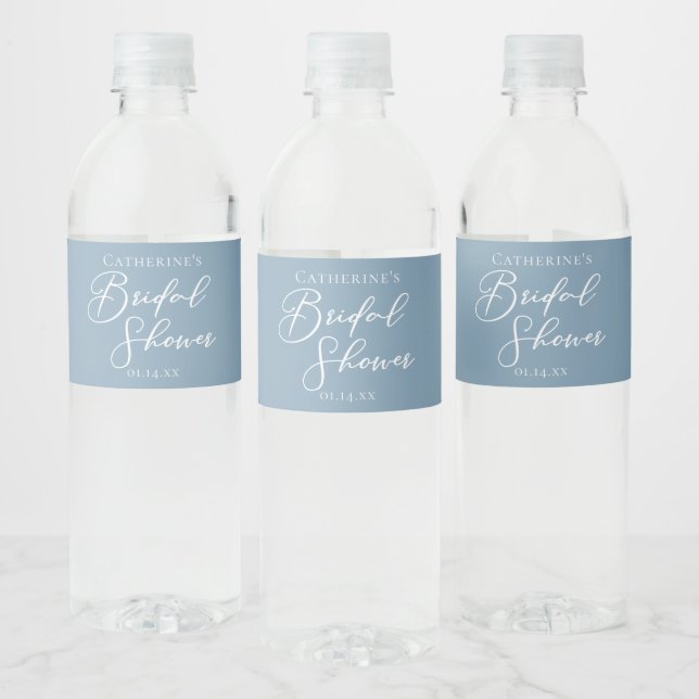 Dusty Blue Bridal Shower Personalised White Script Water Bottle Label (Bottles)