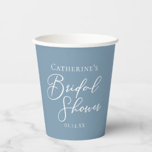 Dusty Blue Bridal Shower Personalized White Script Paper Cups