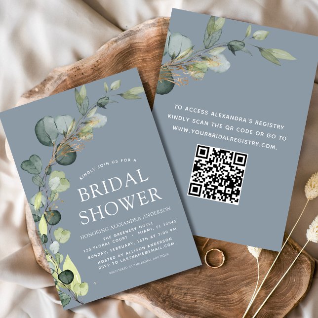 Dusty Blue Bridal Shower QR Code Eucalyptus Invitation (Creator Uploaded)