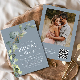 Dusty Blue Bridal Shower QR Code Photo Eucalyptus Invitation