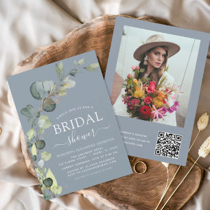 Dusty Blue Bridal Shower QR Code Photo Eucalyptus Invitation