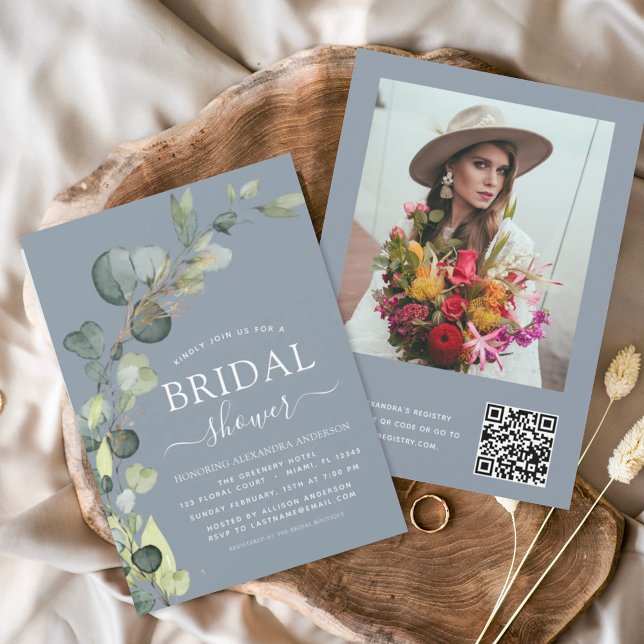 Dusty Blue Bridal Shower QR Code Photo Eucalyptus Invitation (Creator Uploaded)