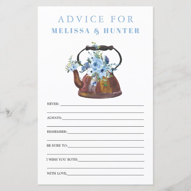 Dusty Blue Bridal Shower Tea Party Advice Cards (Front)