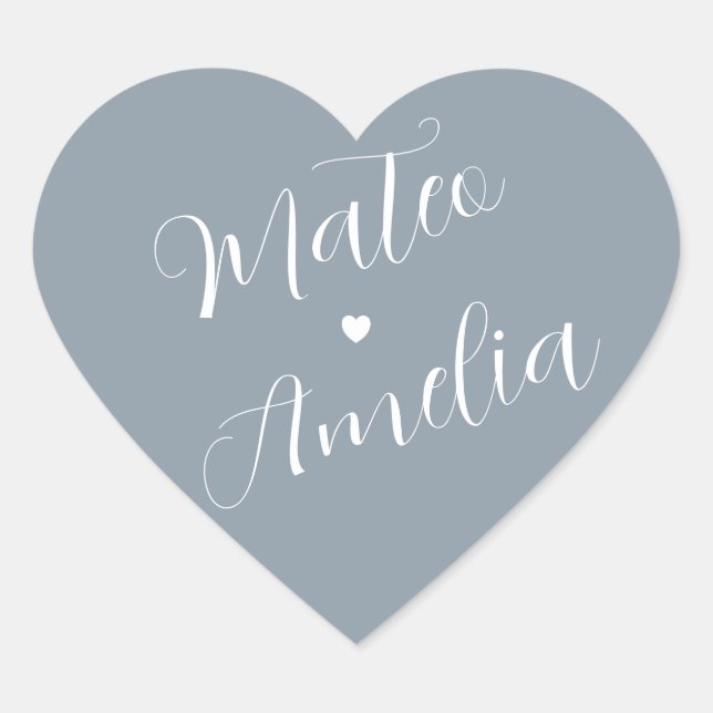 Dusty Blue Bride and Groom Names on Wedding Heart Sticker (Front)