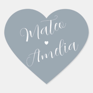Dusty Blue Bride and Groom Names on Wedding Heart Sticker