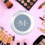 Dusty Blue Bridesmaid Initial and Name Compact Mirror<br><div class="desc">A personalised compact mirror for your wedding bridesmaid or maid of honour that has her initial and name on a trendy,  dusty blue colour background. Edit to replace initial and name. Select your compact mirror style.</div>