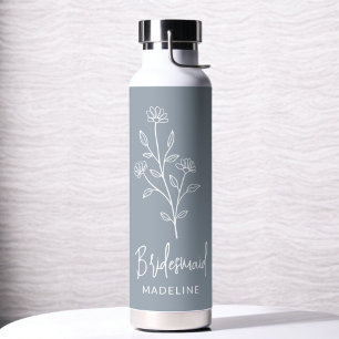 Dusty Blue Bridesmaid Name Floral Bachelorette Water Bottle
