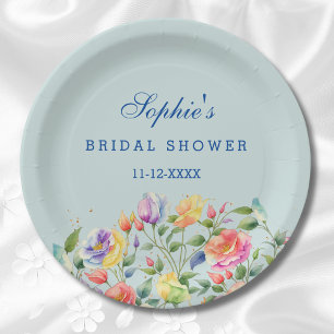 Dusty Blue Bright Floral Pink Roses Bridal Shower  Paper Plate
