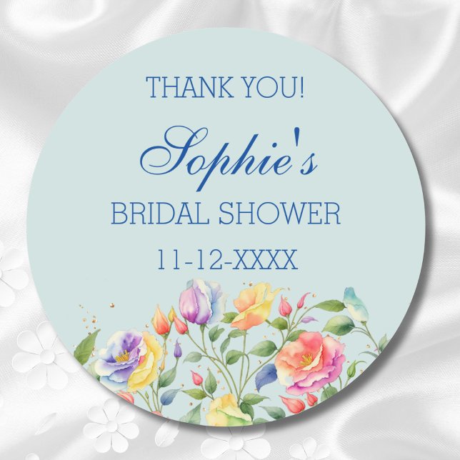 Dusty Blue Bright Roses Bridal Shower Thank You Classic Round Sticker (Creator Uploaded)