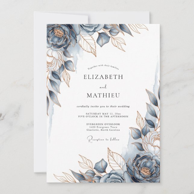 Dusty Blue Bronze Regal Floral Wedding Invitation (Front)