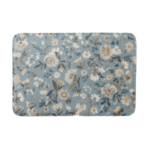 Dusty Blue Brown Cream Cottage Floral Bath Mat