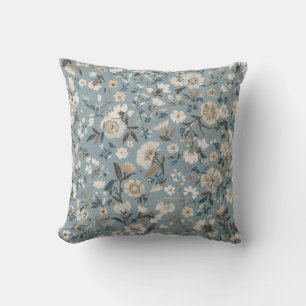 Dusty Blue Brown Cream Cottage Floral Cushion