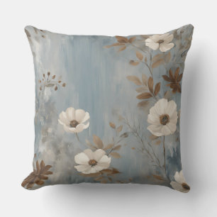 Dusty Blue Brown Grey Modern Farmhouse Floral Cushion