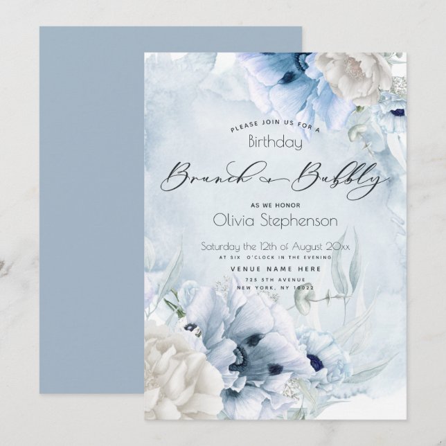 Dusty Blue Brunch Bubbly Birthday  Invitation (Front/Back)