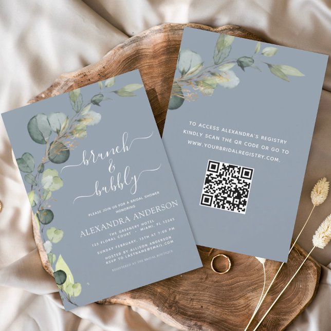 Dusty Blue Brunch & Bubbly QR Code Invitation (Creator Uploaded)