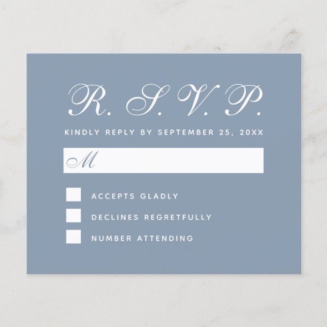 Dusty Blue Budget RSVP Simple White Script Card (Front)