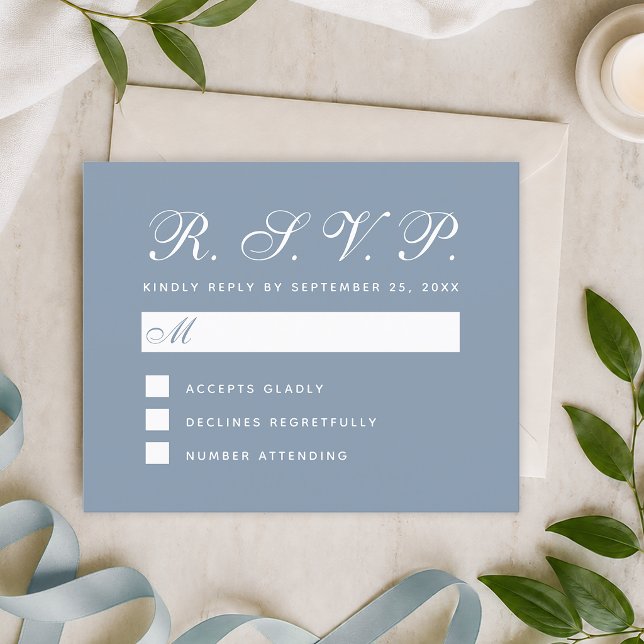 Dusty Blue Budget RSVP Simple White Script Card (Creator Uploaded)