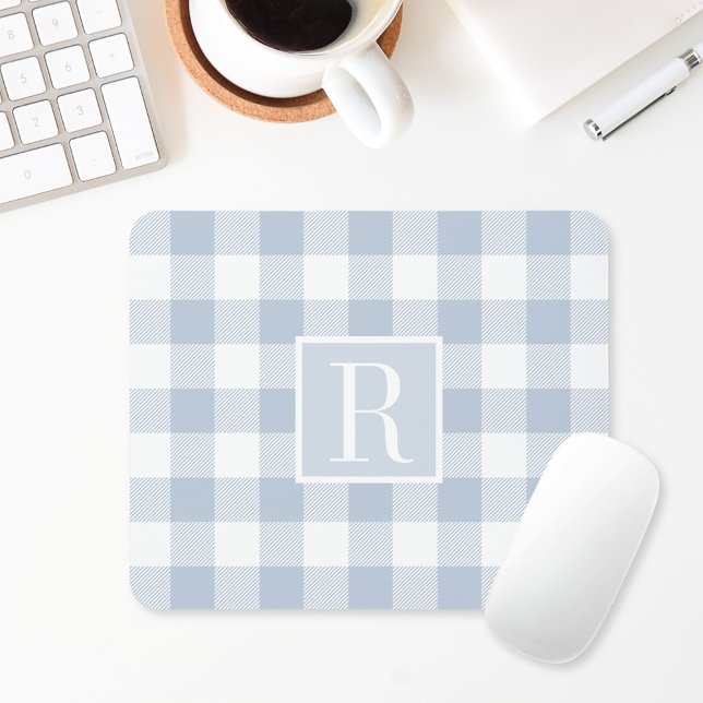 Dusty Blue Buffalo Check Monogram Initial Mouse Mat (Creator Uploaded)