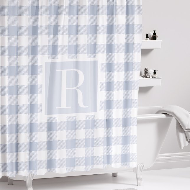 Dusty Blue Buffalo Check Monogram Shower Curtain (Creator Uploaded)