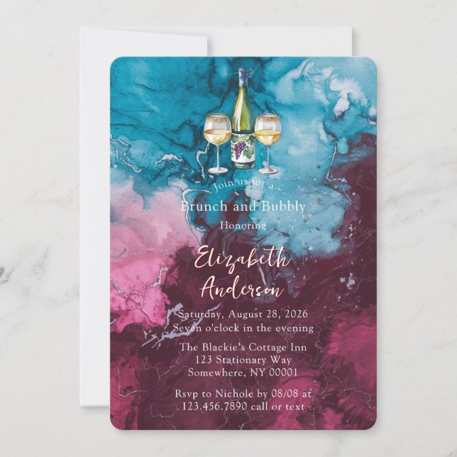 Dusty Blue Burgundy Alcohol Brunch and Bubbly Invitation (Front)