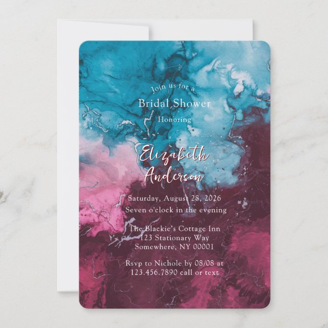 Dusty Blue Burgundy Alcohol Ink Bridal Shower Invitation (Front)
