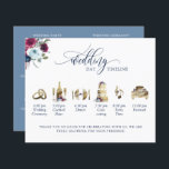 Dusty Blue Burgundy Berry Wedding Program Timeline<br><div class="desc">Elegant modern timeline program with watercolor images. Use of modern elegant hand written calligraphy details. Hand painted watercolor timeline images in golden hues with delicate floral details coordinating to bouquet on the corner. Flowers in burgundy, berry, dusty blue and navy tones. Ability to customise information on the back to suit...</div>