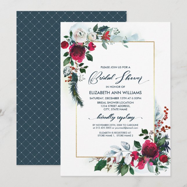 Dusty Blue Burgundy Bloom Geometric Bridal Shower Invitation (Front/Back)